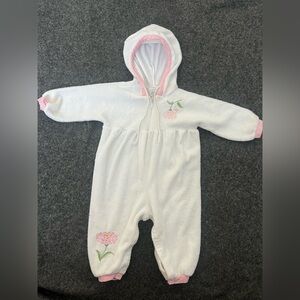 Vintage Baby Dior White Hooded Baby Onesie with Pink Accents